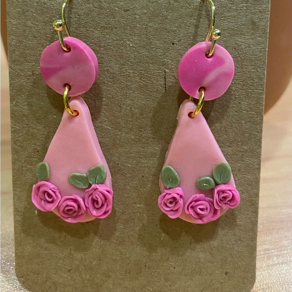 Pink teardrop earring polymer clay hypoallergenic hook earrings